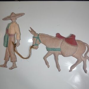 Vintage Southwestern Metal Wall Art Man Leading Donkey Pack Mule Relief Hanging